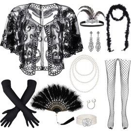 Zhanmai 11 Pieces 1920s Flapper Accessories Costume Set 20s Feather Headband Earring Necklace Shawl Dancing Gloves for Woman (Black)