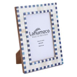 Lahumzco Bone Picture Photo Frame Checkered Pattern Beading Art Inspired Vintage Table-Top/Wall Décor Handmade Frames (4x6 Inches, Blue,White)