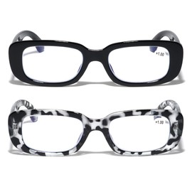 V.W.E. 2 Pairs Sleek Bold Women Anti Blue Light UV Blocker Reading Glasses Rectangular Reader (1 Black 1 Grey Leopard, 2.00, diopters)