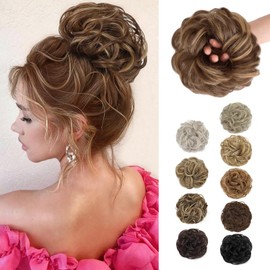 MORICA 1PCS Messy Hair Bun Hair Scrunchies Extension Curly Wavy Messy Synthetic Chignon for Women Updo Hairpiece (Strawberry Blonde & Light Ash Brown)