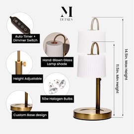 Dimmable Glass Candle Warmer Lamp with Timer - Adjustable Height Candle Lamp Warmer with Timer (8H/4H/2H) - Wax Melter - Ideal Gift, fits Various Size Scented Candles - 02 Bulb - (Gold Metal)