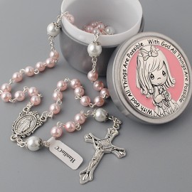 HanlinCC 6mm Pink Glass Pearl Beads First Rosary Necklace with Silver Zinc Alloy Box (Pink Pearl Miraculous Rosary with Box for Girl)