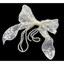 Sovenny 3 Pieces Lace Bow Pearl Chain Hair Clips Flower Embroidery Non Slip Hair Bow Barrettes for Women and Girls (White, Beige, Black)