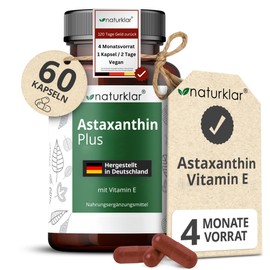 Naturklar Astaxanthin 12 mg Kapseln - 2 Fach Kombi mit hochdosiertem Astaxanthin & Vitamin E fr 4 Monate Reichweite - Vegan - 60 Astaxanthin-Kapseln hochdosiert