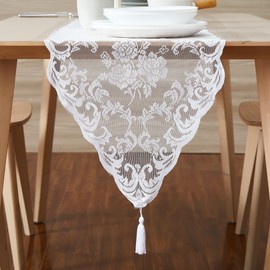 Warm Home Designs Camino de Mesa Extra Largo 36 cm x 305 cm Blanco. Camino de Mesa de Encaje con Diseño de Rosa y 2 Borlas Adjuntas. Camino de Mesa de Boda de Encaje. MTR White 120"