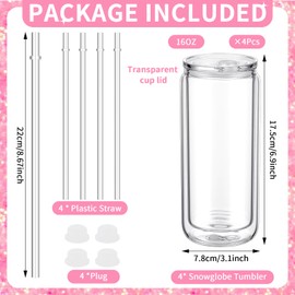Skylety 9 Pcs Snow Globe Tumbler Supplies for Glitter Snow Globe Kit DIY Glass Cup Gift 16oz Pre Drilled Double Wall Cup with Lid and Straw Squeeze Bottle Funnel Tweezer Bent Syringe(Clear,Plastic)
