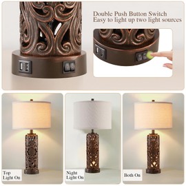 RORIANO Farmhouse Table Lamps Set of 2, Vintage Lamp for Living Room and 2 USB Ports Bedside Lamp with Nightlight for Bedroom, Dark Brown Hollow Out Resin Nightstand Lamp, 2 Bulbs Included