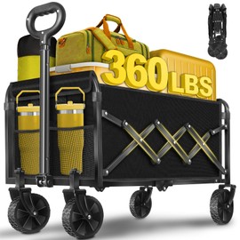 Wagons Cart Foldable, 360LBS Collapsible Wagon Cart with Wheels, Portable All Terrain Folding Utility Grocery Wagon for Shopping Camping Groceries Outdoor Sports, Heavy Duty, Rolling