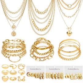 NEWITIN 44 Pieces Chunky Gold Jewelry Set for Women Fashion Costume Jewelry Gold Plated Chunky Necklace Chain Bracelet Ring Hoop Earrings Set for Women
