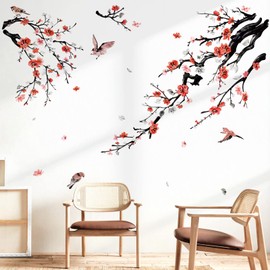 wondever Wall Sticker Flowers Birds on Tree Branch Wall Sticker Blossom Flowers Red Wall Sticker Wall Decoration for Living Room Bedroom