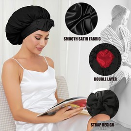 Satin Bonnet for Sleeping Women Silk Sleep Cap Double Layer Hair Care Bonnet with Elastic Tie Band Curly Hair(Dark Green + Black)