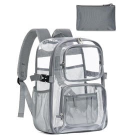 QOECI Clear Backpack Heavy Duty for Women Men Boys Girls, Transparent See Through Backpack with Accessories, Large TPU Bookbag for School Sport College Work Travel Security, Grey