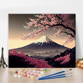 TISHIRON Paint by Number for Adults Japanes Famous Cherry Blossom Flower Hill and Amazing Tree Adults' Paint-by-Number Kits Landscaping Paint by Numbers Craft Kits, 16x20 Inch