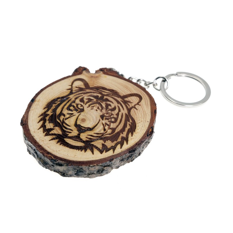 Generico Key Ring Made of Natural Wood with Tiger Design