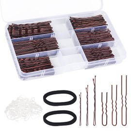 402pcs Hair Pins Bobby Pins Set for Women and Girls, 150 Wavy Bobby Pins 150 U Shaped Hair Pins 100 Hair Bands and 2pcs Thick Hair Ties, for Buns All Hair Types 2inch 2.4inch 2.75inch, Brown