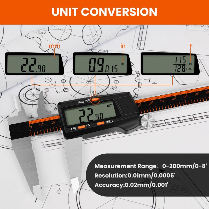 HARDELL Digital Caliper, 0-8 Inch Measuring Tool Large LCD Screen,Stainless