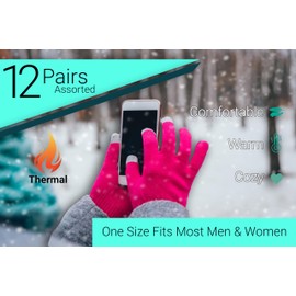 Winter Magic Gloves, 12 Pairs Stretchy Warm Knit Bulk Pack Mens Womens