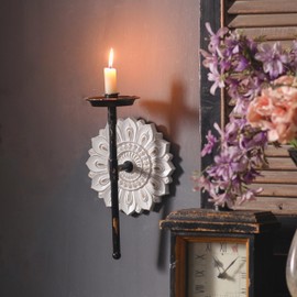 SOFE Antique Taper Candle Wall Sconce, Rustic White Wall Sconce Candle Holder 12 Inches Tall, Wood Wall Candle Stick Holder, Bathroom, Living Room, Kitchen Wall Decor, Floral Pattern