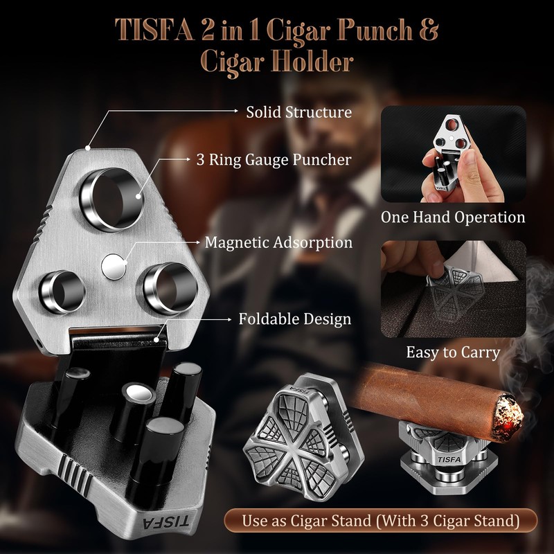 TISFA Cigar Punch with Cigar Holder Combo, Triple Cigar Punch
