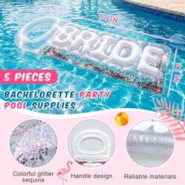 5 Pcs Bachelorette Pool Floats Set, Bride Pool Party Decor: 72" Glitter Bride Raft Lounger & 4 Heart Swim Rings Inflatable Beach Float for Bridesmaids Bridal Shower Wedding Engagement(Pink,Glitzy)