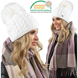 Alur Women's Beanie Winter Hat Knitted Hat with Bobble - Warm Elastic Elegant Winter Hat Eko Bobble Hat - Soft Yarn Stylish Universal Warm, White