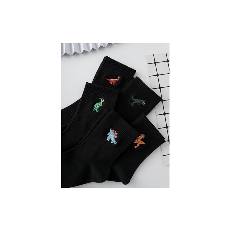 WDIRARA Men's 5 Pairs Dinosaur Embroidered Crew Socks Casual Cartoon
