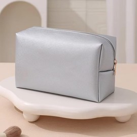 Elegant Pure Color PU Leather Cosmetic Pouch – Travel Makeup Bag with Zipper Closure (Silver)
