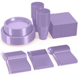 350 PCS Disposable Tableware Combo Pack INCLUDES: 50 9" Lavender Plastic dinner plates| 50 7" plastic appetizer plates |50 plastic cups| 50 paper napkins| 50 plastic cutlery spoons forks & knives