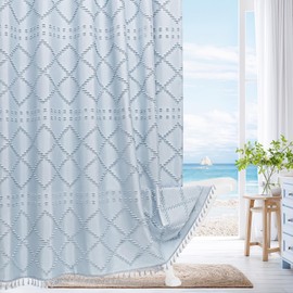 Craidlela Extra Long Fog Blue Boho Woven Fabric Shower Curtain with Tassel 72 x 84, Bohemia Tufted Chevron Striped Chic Textured, Blue Waterproof Modern Farmhouse Minimalist Curtain for Bathroom