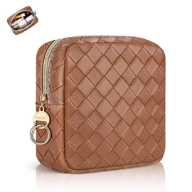 Cosmetic Bag Small Makeup Bag for Women Mini Cosmetic Bag PU Leather Mini Checked Portable Travel Cosmetic Accessories Organiser Multifunctional Purse Toiletry Bag for Women, brown