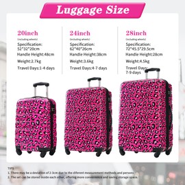 Merax 3 Piece Luggage Sets, Hardside Expandable Luggages Spinner Leopard Suitcase with TSA Lock Lightweight Rolling Carry on Luggage 20inch 24inch 28inch, Hot Pink Leopard