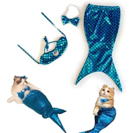 Cat Costumes, Funny Cat Mermaid Costume, Cat Mermaid Tail Creative Decorative Clothing for Small Dogs or Cats, Mermaid Tail for Cats Funny Photo Props and Party Supplies (Blue)