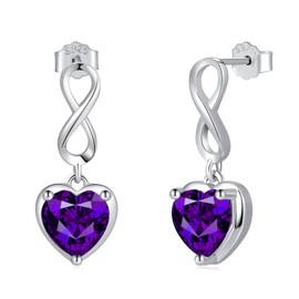 February Amethyst Birthstone Infinity Stud Earrings - Shysnow 925 Sterling Silver Heart Shaped Cubic Zirconia Dangle Studs Infinite Symbol Birth Gem Stone Jewelry for Couple Valentine's Day Gifts