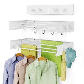 Drying Rack Clothing,Clothes Drying Rack Wall Mounted,Laundry Drying Rack Wall Mount,Foldable,Collapsible,60 lb Capacity 4 Aluminium Poles with 8 Hooks,Space Saving Clothes Drying Rack,White 23.6"