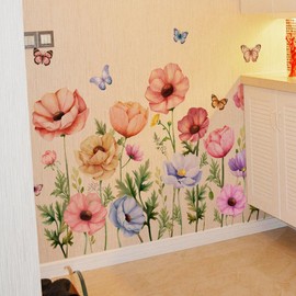 NXUEBDU Watercolor Poppy Wall Decals, Botanical Floral & Butterflies Removable Vinyl Stickers Peel and Stick for Bathroom Kitchen Home Decor