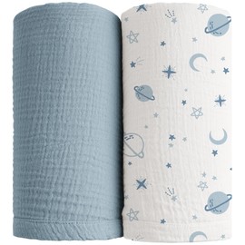 Konssy Muslin Swaddle Blankets for Boys Girls, 2 Pack Receiving Baby Blanket Large 47 x 47 inches, Soft Breathable Swaddling Wrap for Unisex Newborn (Star,Blue)