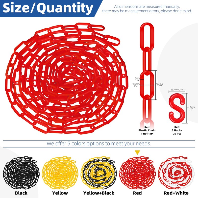 Glarks 21pcs 5M x 6mm Plastic Chain Barrier with S