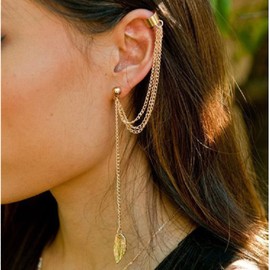 Aneneiceera Boho Leaf Tassel Chain Ear Cuff Earrings Studs Gold Tiny Leaf Drop Earrings Long Chain Climber Crawler Earrings Statement Dangle Chain Wrap Clip Jewelry for Women(Gold)