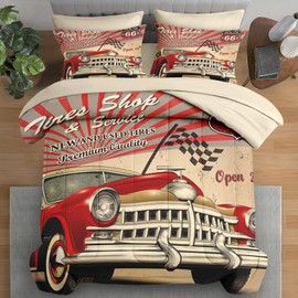 Pamnest Comforter Set Queen Size, Tire Retro Vintage 7 Pcs Bedding for Kids and Adults, Car Vehicle Automotive Bed Sheet Sets with Fitted Sheet 2 Pillowcase & 2 Sham for Bedroom Bed Decor