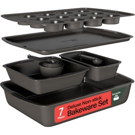 Emporio Kitchen Stackable Baking Pan Set - Deluxe Nonstick Black Coating, Carbon Steel Bakeware Sets, PFOA, PFOS, PTFE Free, Recipe Booklet Included, Oven Safe (Up to 450°F), Set of 7 - Black