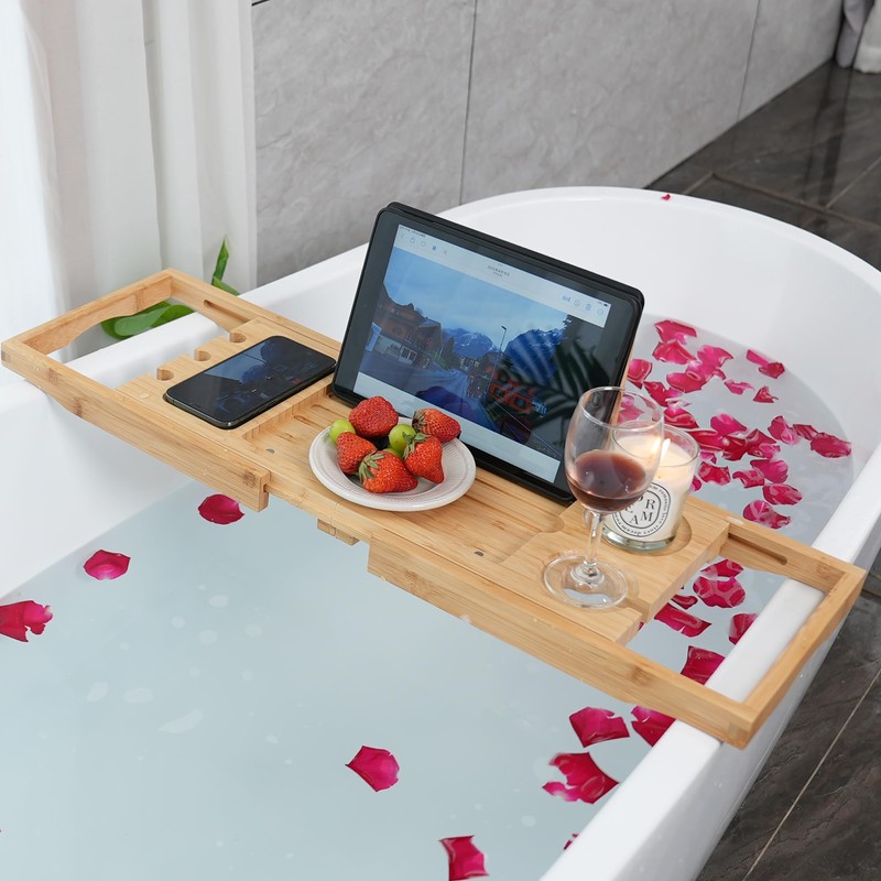 Utoplike Bamboo Bathtub Caddy Tray Bath Tray for Tub, Adjustable