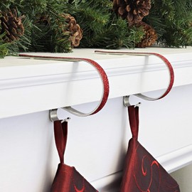 Haute Decor The Original MantleClip Stocking Holder - 2 Pack (Red Glitter) - Christmas Stocking Hanger Hook for Mantels up to 3 Inches Thick