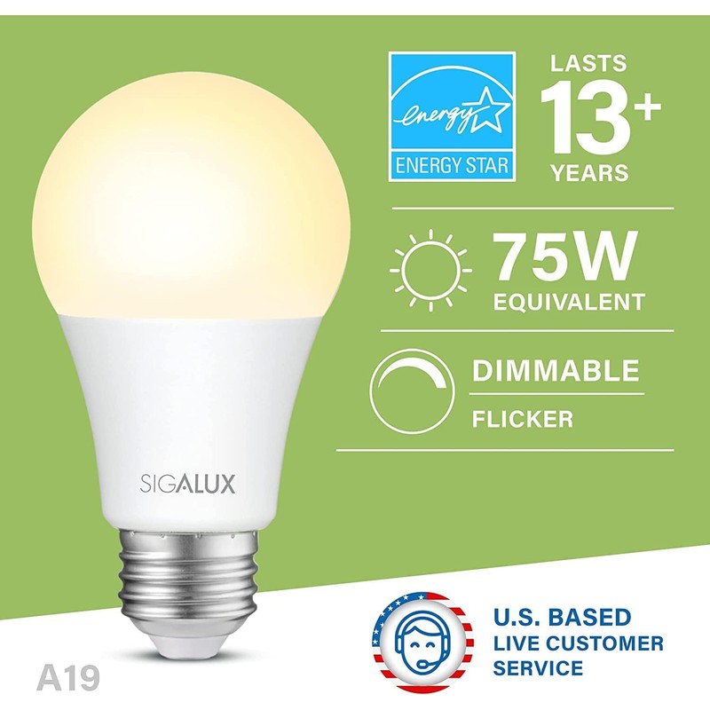 Sigalux A19 LED Light Bulb Energy Star Certified, 75 Watt