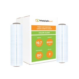 PSBM Machine Stretch Wrap, 2 Pack, 19.7 Inch x 6000 Feet, 80 Gauge, Clear Plastic Cling, Cast Stretch Film Rolls for Packaging Packing Pallets