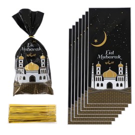 Eid Mubarak Gift Bags, Pack of 50 Eid Mubarak Party Bags, Ramadan Theme Mosque Printed Pattern Gift Bag Eid Mubarak Party Bags with 50 Twist Ties for Eid Mubarak Party Decoration (Black)