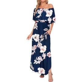 AUSELILY Womens Off The Shoulder Dress Summer Casual Long Ruffle Party Side Split Beach Maxi Dresses with Pockets New Flower Blue XL