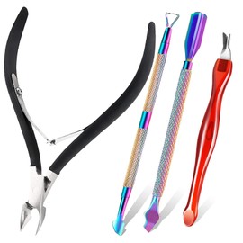 YBVABE Cuticle Pusher with Trimmer and Cutter, 4Pack Cuticle Remover Nippers Kit, Stainless Steel Nail Cuticle Clippers Scraper Dead Skin Remover Professional for Fingernails &Toenails