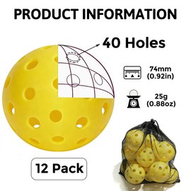 juajua Pickleball Balls, 12 Pack Outdoor Pickleball Ball, 40 Holes Yellow High Durablity Pickle Ball, Pickleballs Set for All Style Pickleball Paddle & Sports Practice Court