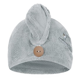 Qchomee Super Absorbent Hair Drying Cap Towels Wrap Women Girls Microfiber Dry Hair Hat Towel Turban with Button Design Quick Drying Lady Bath Head Wrap (Grey Hummingbird), 25x65CM