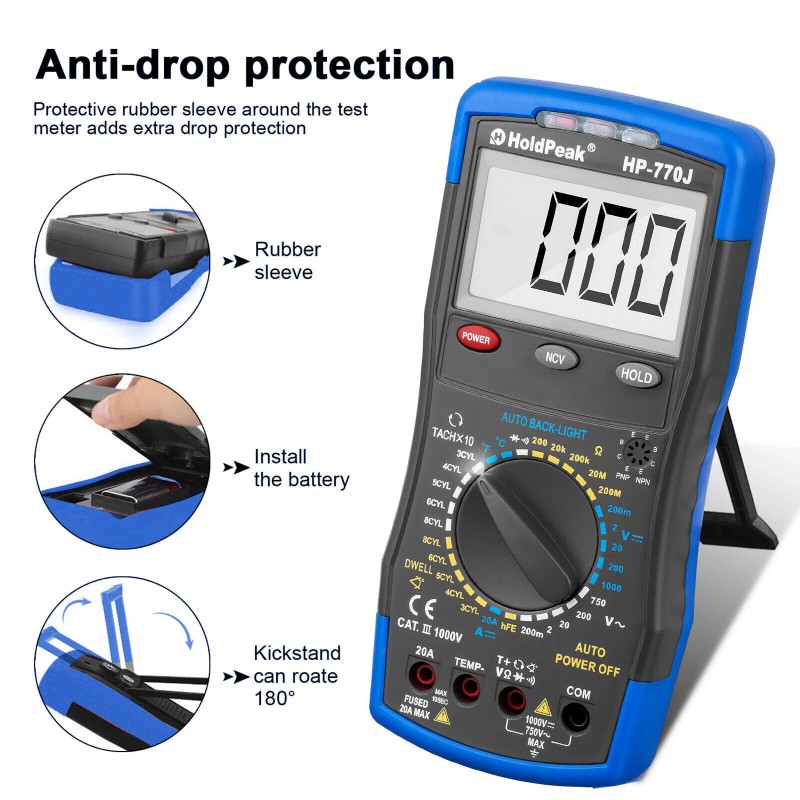 HoldPeak Digital Multimeter Automotive AC/DC Volt Amp Dwell Meter RPM